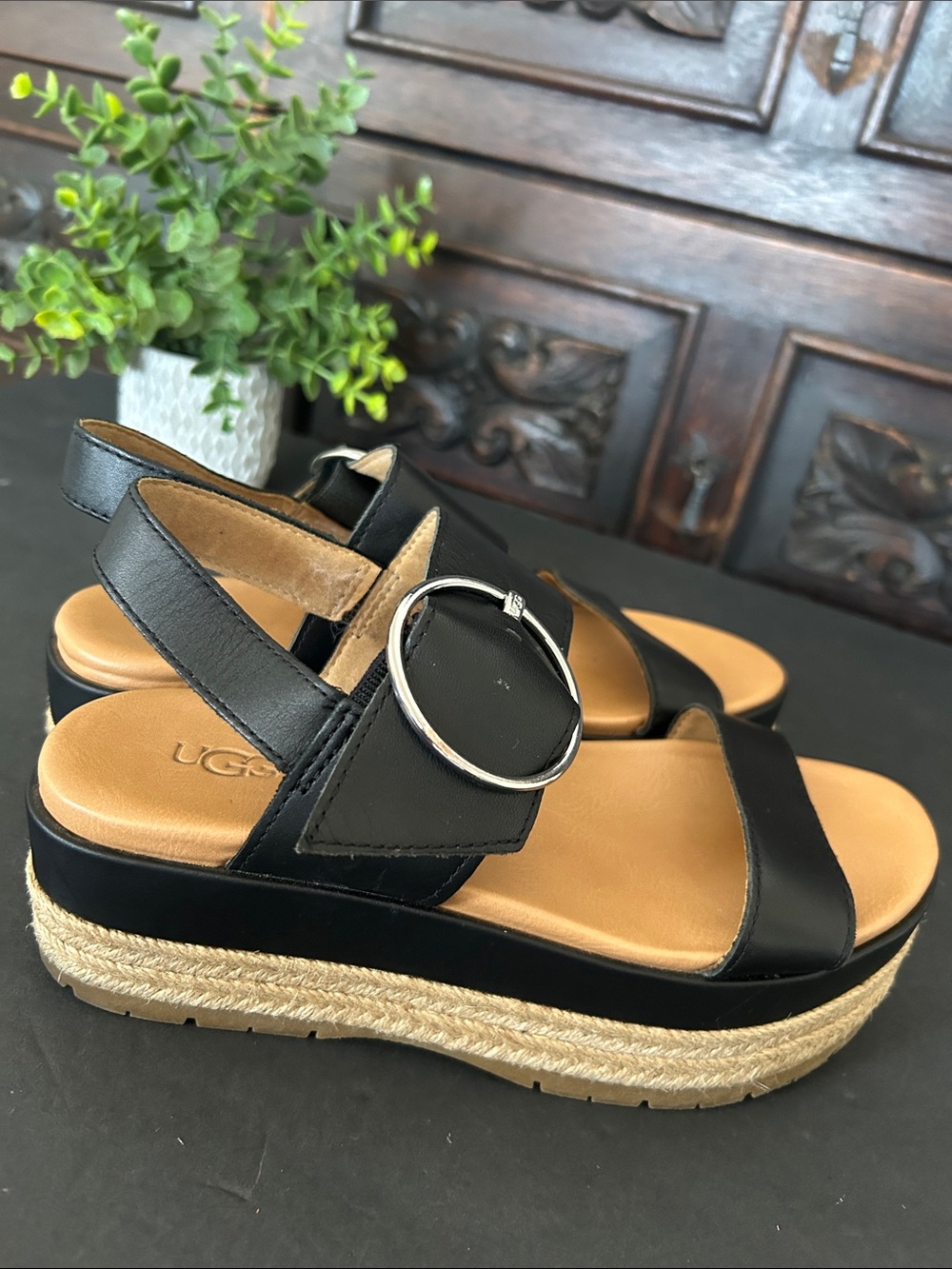 UGG Black Leather Platform Espadrille Sandals with Silver Buckle - Picture 4 of 15